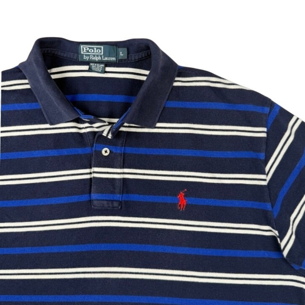 Polo Ralph Lauren Navy Blue Striped Short Sleeve Cotton Polo Shirt Mens Large